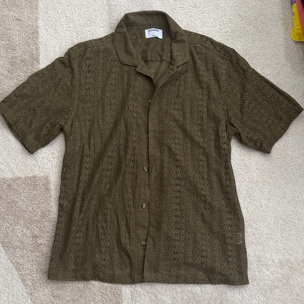 Old Navy Olive Green Eyelet Short Sleeve Button-Up
